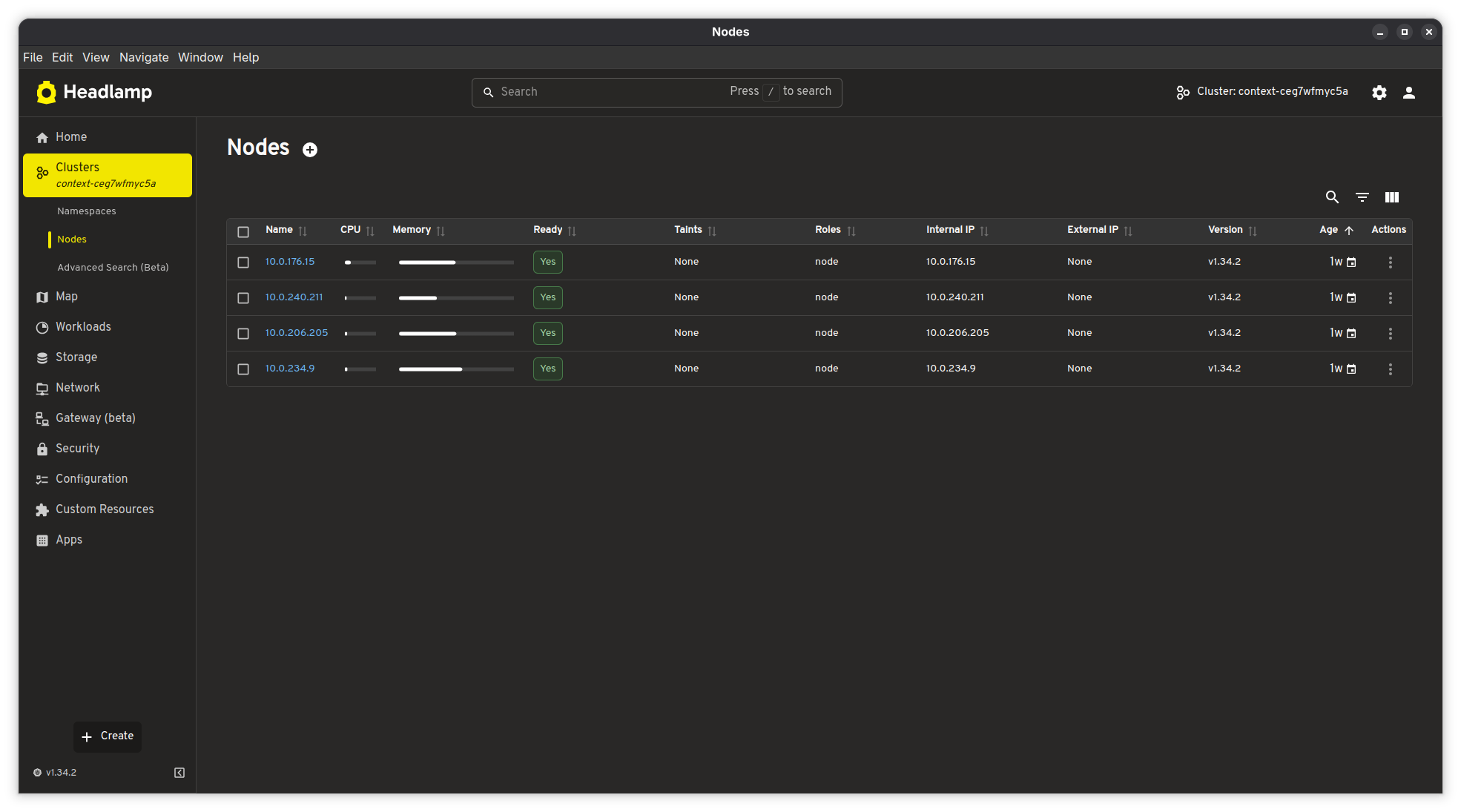 Headlamp nodes view showing 4 nodes running v1.34.2, all Ready